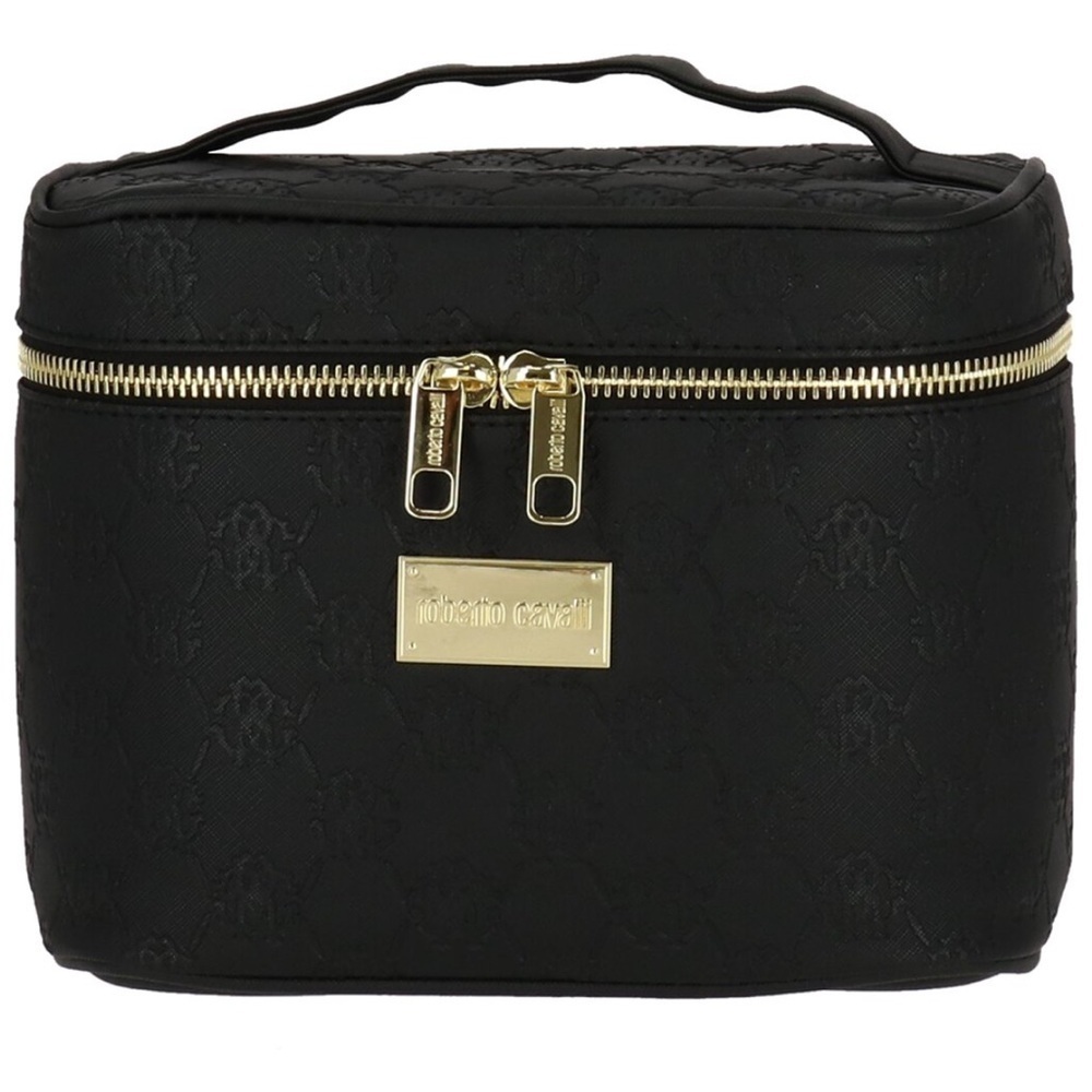 NEW Roberto Cavalli Black Embossed Monogram Cosmetic Bag Train Case
